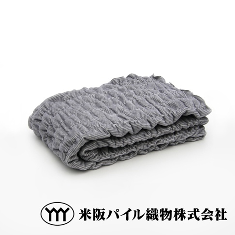 摺疊的灰色細絨毯，表面有明顯的波浪紋理和細條紋，觸感柔軟，適合室內外使用。