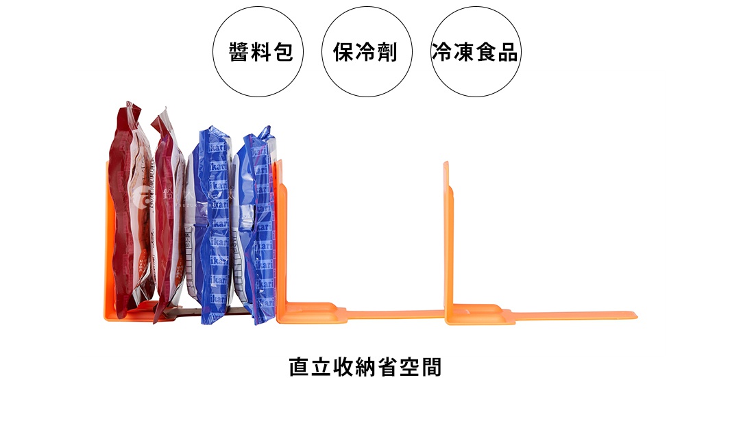 一組三件式橘色塑膠冷凍庫分層隔板，用於收納醬料包、保冷劑和冷凍食品。