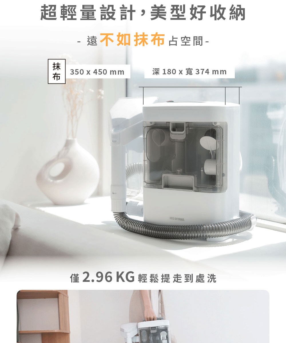 IRIS OHYAMA 寬頭版織物清潔機 RNS-301B，白色機身，附有透明集塵槽和灰色軟管。