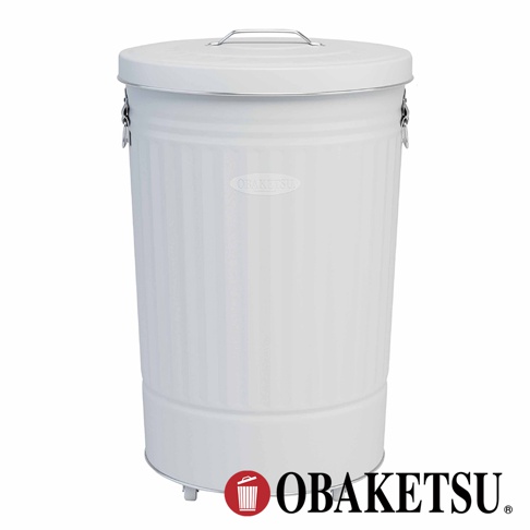 OBAKETSU 附輪垃圾桶，白色圓筒狀，帶有蓋子和提把，下方有品牌標誌。