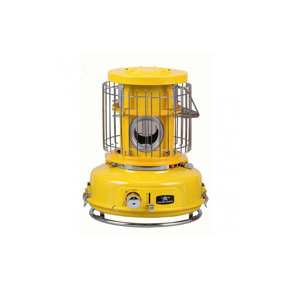 黃色金屬卡式瓦斯暖爐，配有銀色金屬護網、兩個調節旋鈕和提把，底部有金屬環支撐。