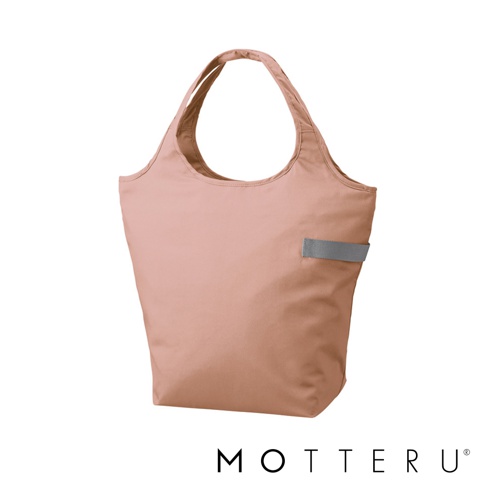 粉色摺疊保冷托特袋，材質為尼龍，有簡約的提把設計，側面有一個灰色織帶標籤。