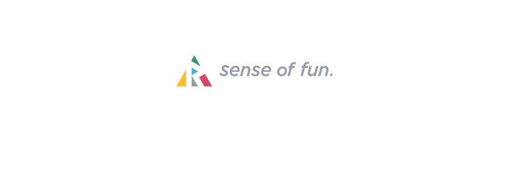 此圖片為「sense of fun.」品牌標誌，由多個彩色幾何色塊組成的抽象圖案與灰色文字組合而成。