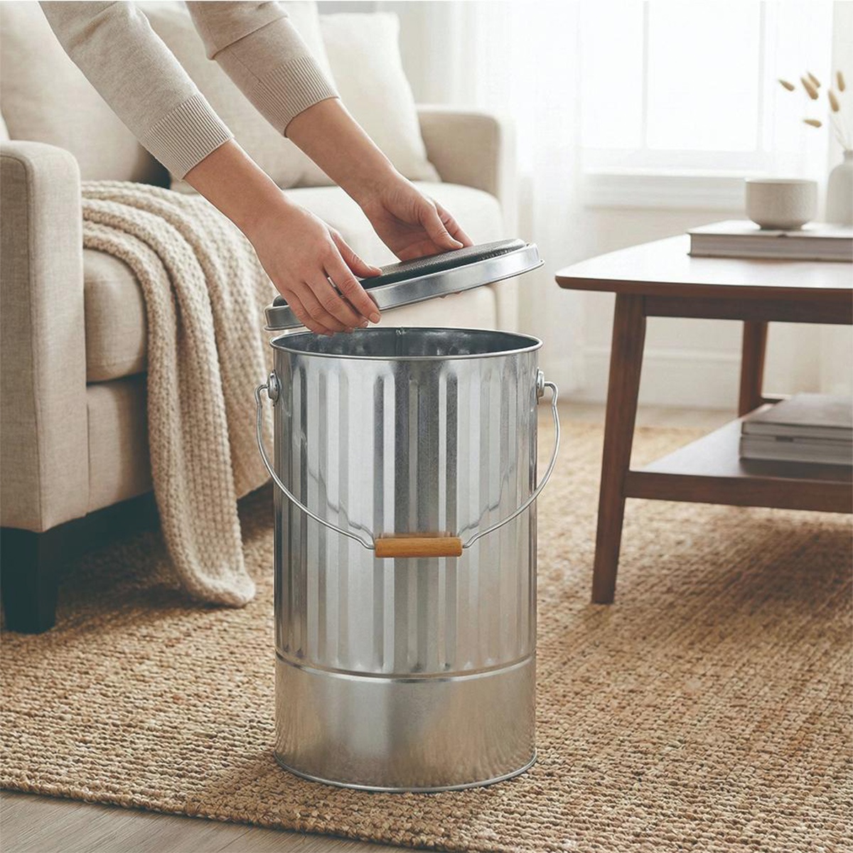 模式B： 一個帶有木質把手的銀色金屬垃圾桶，放在地毯上，一個戴著米色毛衣的人正將帶有黑色墊子的蓋子蓋上。