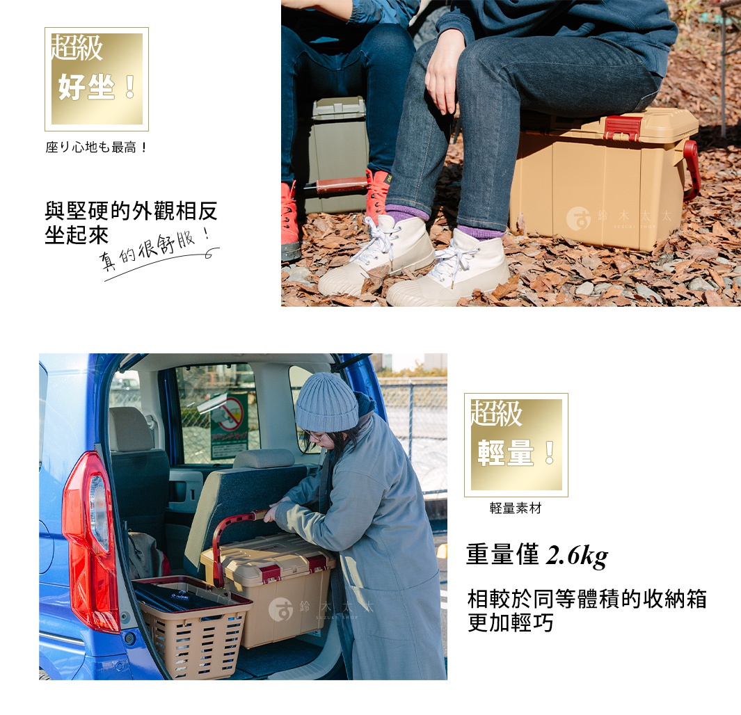 Starke-R 超級箱，淺卡其色，堅固塑膠材質，帶有紅色提把和鎖扣。此產品亦展示於汽車後座，方便攜帶。