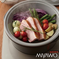 深灰陶土蒸盤內盛放著切片五花肉、蘆筍、小番茄、馬鈴薯塊、洋蔥和紫甘藍，散發蒸氣。