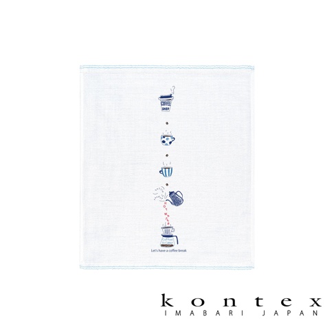 白色二層紗紗布巾，印有藍色線條咖啡沖泡過程圖案，包括咖啡杯、濾杯、水壺和文字「Let's have a coffee break」。