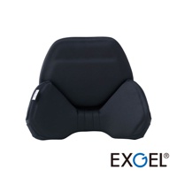 深藍色汽車用背墊，具有雙翼支撐設計，表面為布質，中央有垂直車縫線，左側有白色EXCEL標籤。