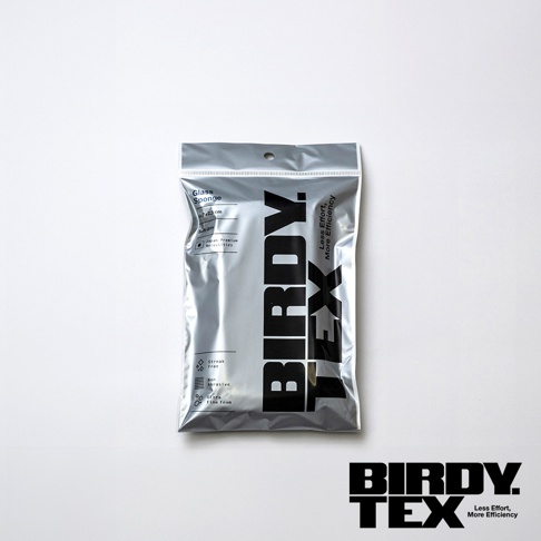 BIRDY.TEX 專業玻璃杯耐用海綿刷，銀色包裝袋，標示「Glass Sponge」、「Soft Grey」、「Streak Free」、「Non Abrasive」、「Ultra Fine Foam」等資訊。