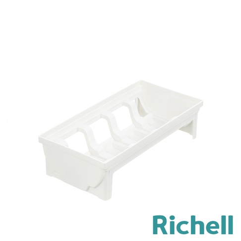 白色塑膠抽屜式餐碗收納架，內有三個碗槽，底部有支撐腳，右下角有Richell品牌標誌。