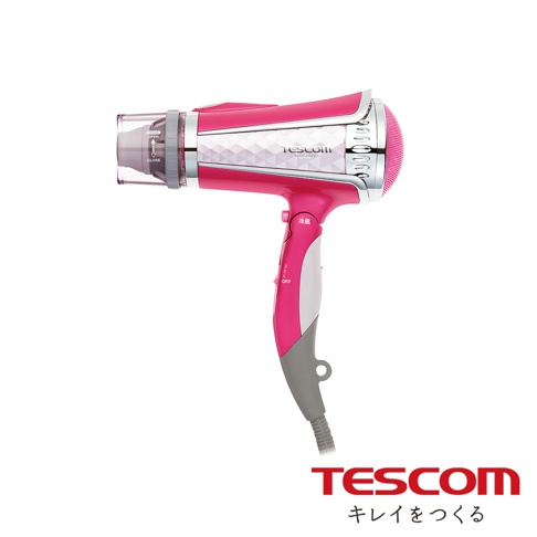 TESCOM 桃紅色負離子吹風機，設有冷風開關與風量調整鈕