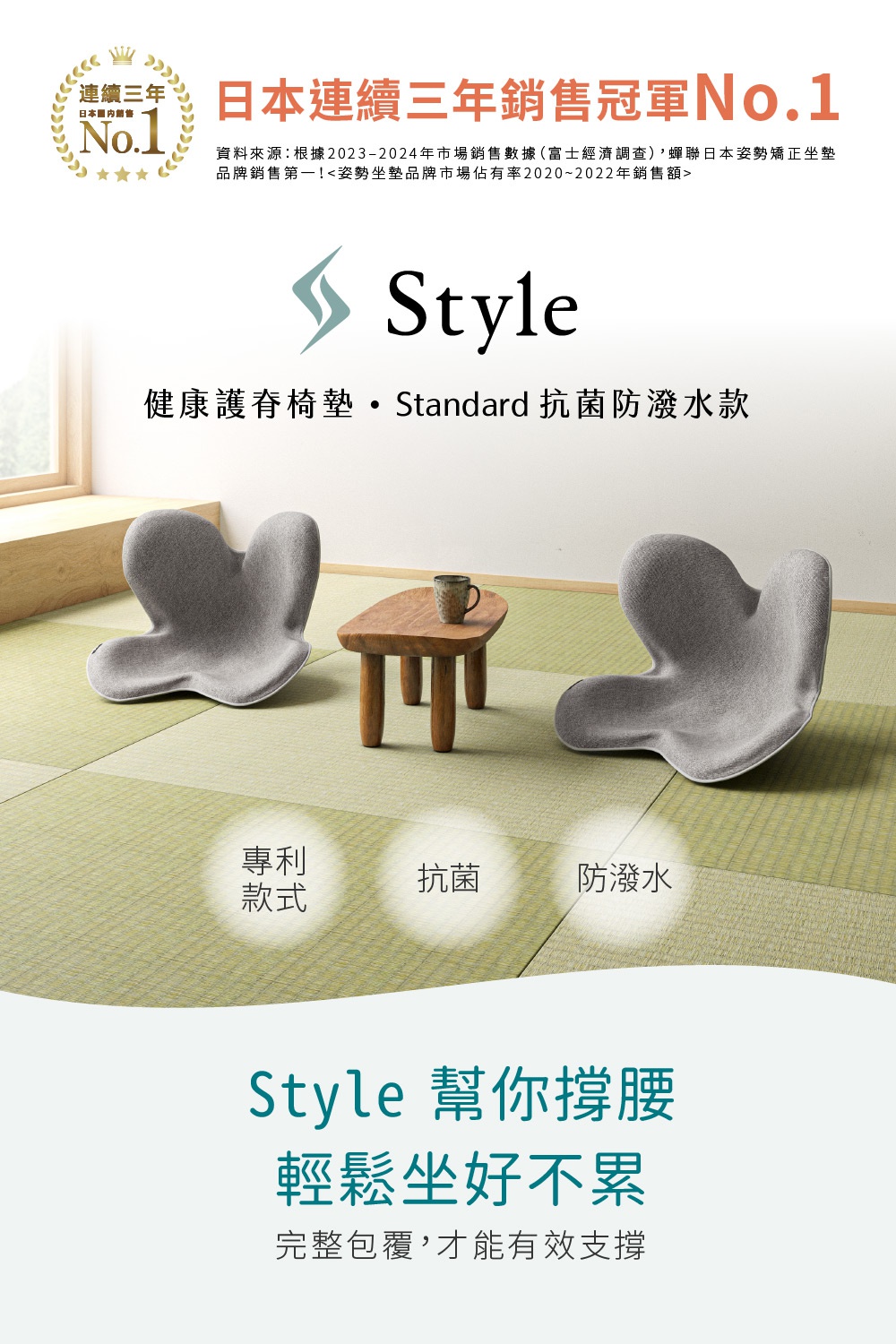 Style Standard II 美姿調整椅II 抗菌防水款，日本連續三年銷售冠軍No.1，健康護脊坐墊，擁有專利款、抗菌、防潑水功能，能幫助支撐腰部，輕鬆坐好不累。