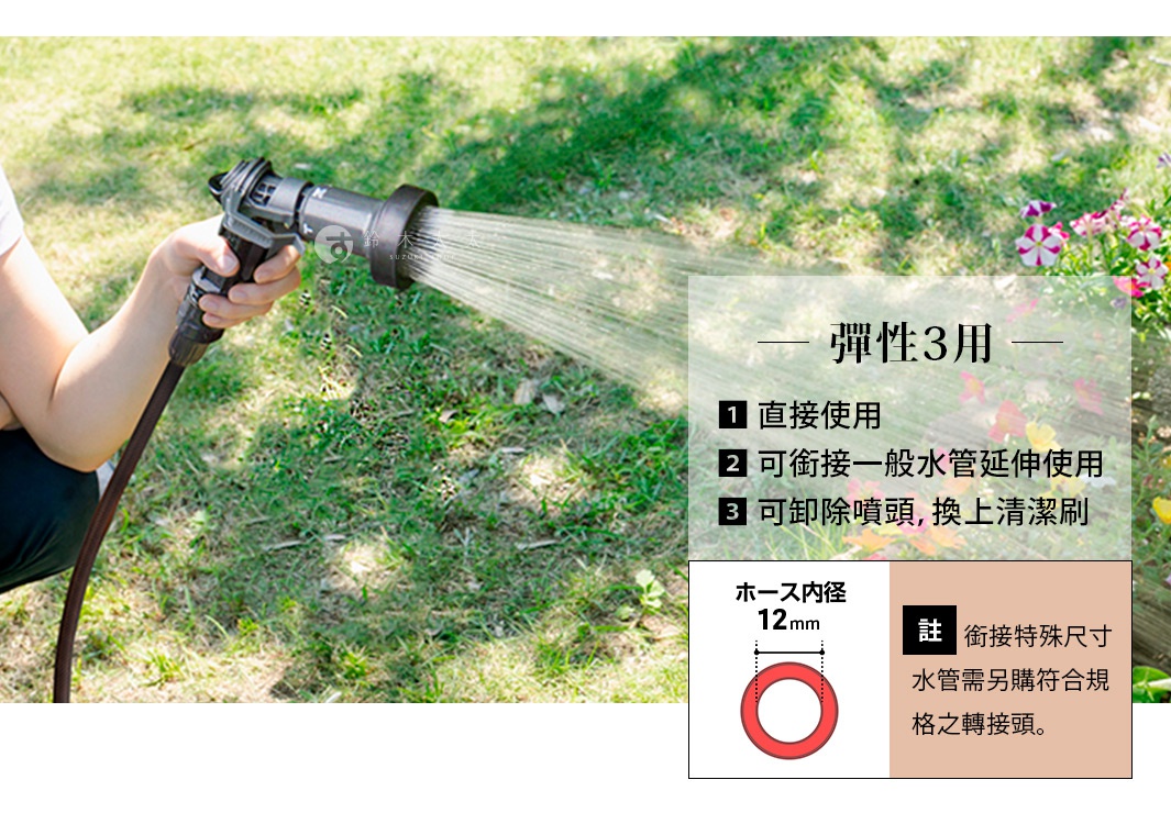 手持銀灰色和黑色噴水槍，槍頭噴出細密的水流，槍身上有品牌標誌。背景為綠色草坪和粉色花朵，一截深棕色水管連接噴水槍。