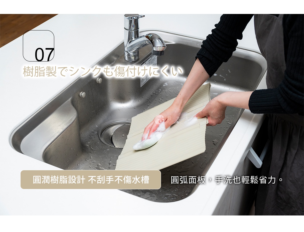 淺米色六片式摺疊隔板，材質為樹脂，放在不鏽鋼廚房水槽中，由雙手清洗，隔板上有白色泡沫。