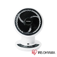 白色IRIS OHYAMA空氣循環扇，黑色扇葉與網罩，底座設有多個功能按鈕，整體為簡潔的現代設計。