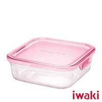 透明耐熱玻璃方形微波保鮮盒，配有粉紅色密封蓋，蓋子上壓印有「PACK & RANGE」字樣，側面有兩個粉紅色提耳。