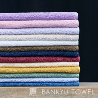 一疊由淺至深共七種顏色的毛巾，包含淡紫色、粉色、淺藍色、米白色、白色、深棕色、海軍藍、酒紅色、芥末黃、薄荷綠、淺藍、深藍。毛巾材質為柔軟的棉質。