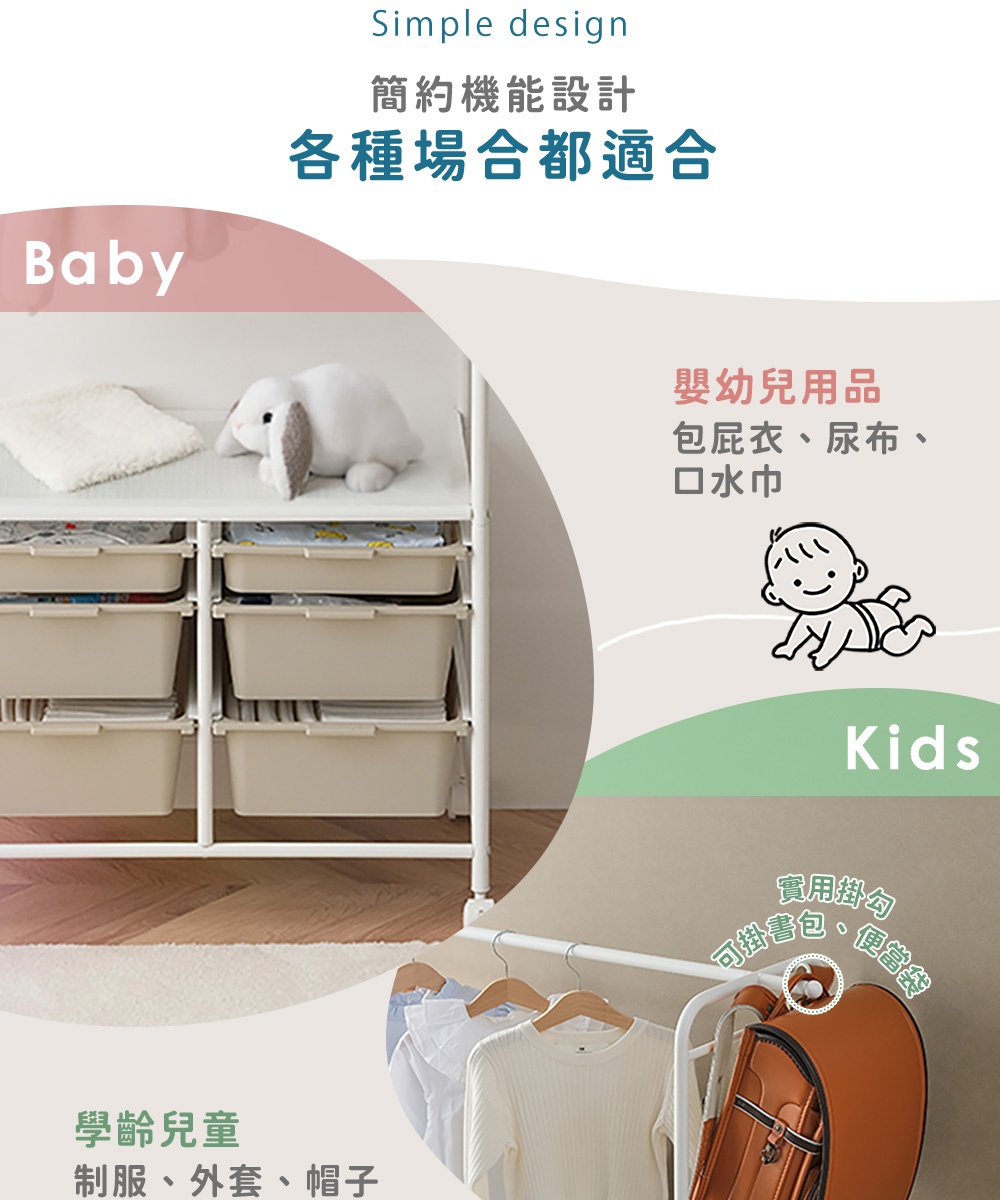 圖片文字：Simple design 簡約機能設計 各種場合都適合 Baby 嬰幼兒用品 包屁衣、尿布、口水巾 Kids 實用掛勾 可掛書包、便當袋 學齡兒童 制服、外套、帽子