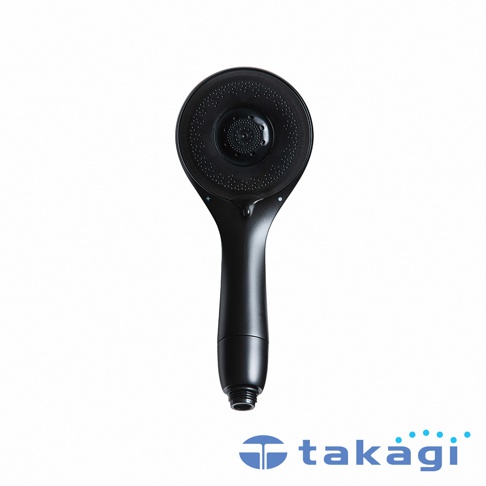 一支黑色的 takagi 品牌手持式蓮蓬頭，呈現正面視角。蓮蓬頭表面為霧面質感，噴頭設計有細密的出水孔，握把下方設有標準螺紋接頭，底部標有 takagi 的品牌商標。