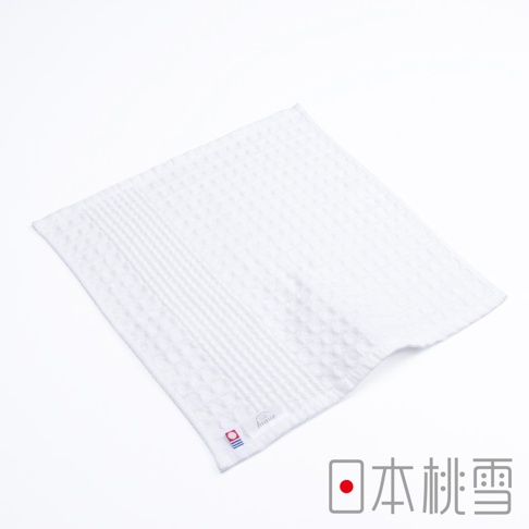 白色今治鬆餅方巾，織有格子紋理和直條紋，質地柔軟，帶有品牌標誌。