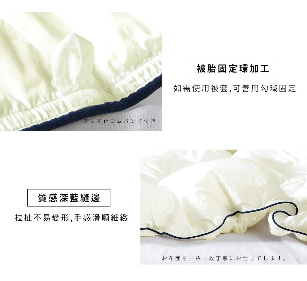象牙白色雲絨被，具有深藍色滾邊，一角有固定繩圈。
