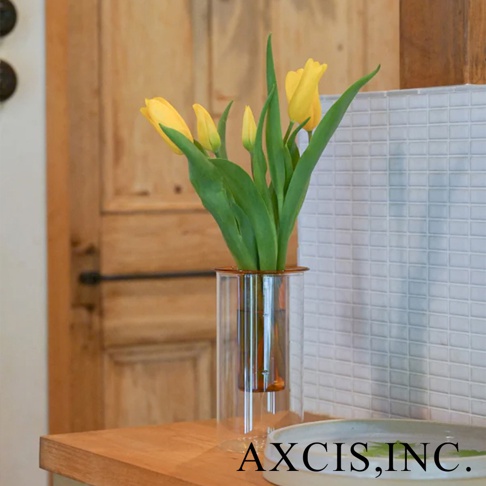 AXCIS PINO 雙層可拆玻璃花瓶-高款，以透明玻璃花瓶裝著黃色鬱金香，置於木質桌面，背景為木門與白色格紋牆面。