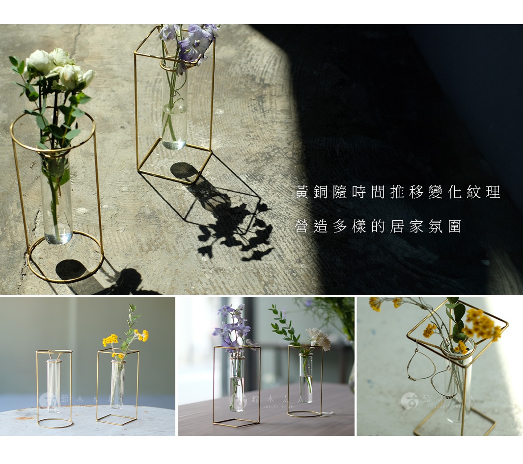 黃銅圓柱形與方形框架玻璃花器，內置透明玻璃試管，搭配白色、紫色及黃色鮮花，展現簡約居家佈置風格。