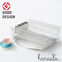 不鏽鋼碗碟架，附有可拆卸瀝水盤和餐具收納盒，設計簡約，適合擺放碗盤、杯子和餐具。