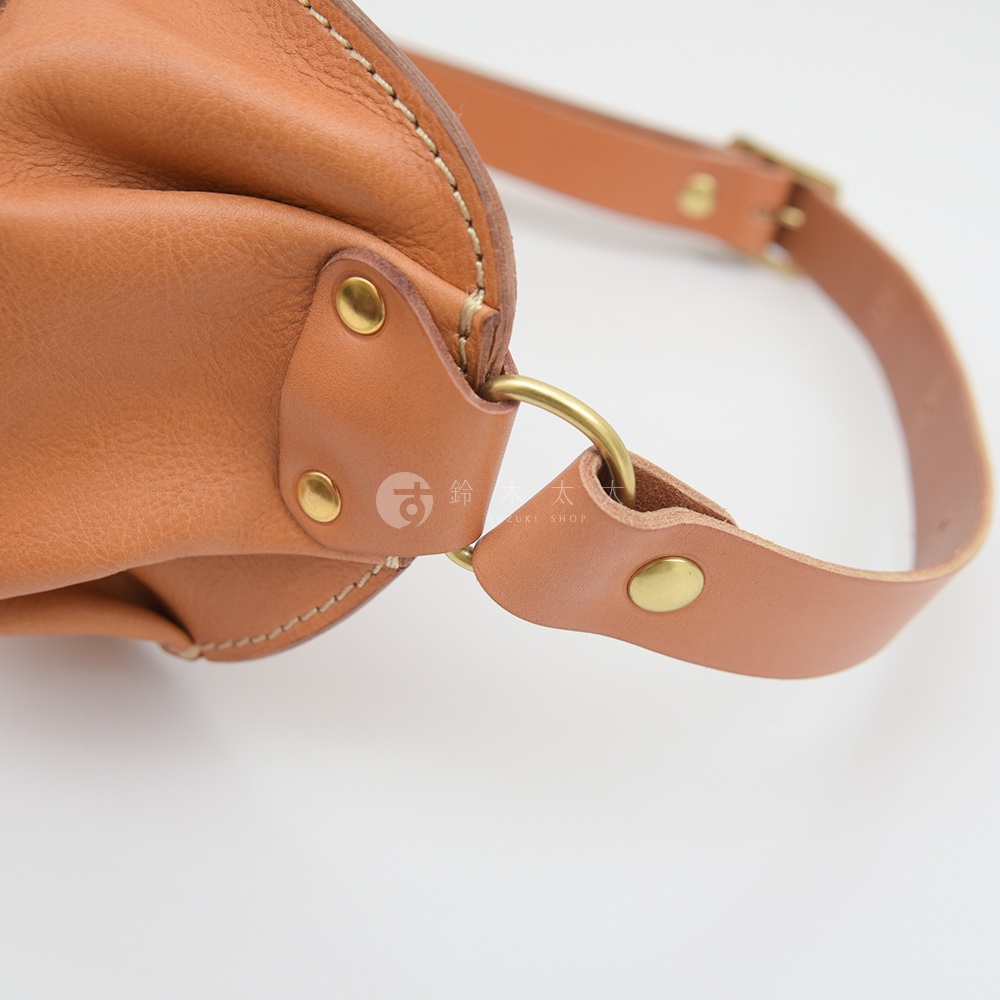 圖片中的文字是「鈴木太鼓 鈴木」和「SUZUKI SHOP」。 這張圖片展示了一個棕色皮革包的細節，特別聚焦於連接帶子的金屬環和皮革固定點。包的皮革材質看起來光滑而有質感，縫線清晰可見。