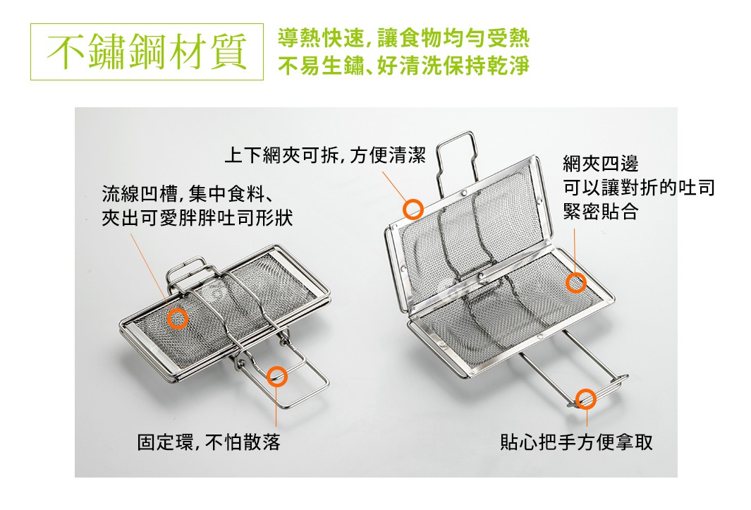 兩個銀色不鏽鋼網夾，用於烤箱，可翻開。其中一個網夾被標示說明其凹槽設計，另一個網夾被標示說明其網夾四邊可緊密貼合對折的吐司，以及便利的提把。