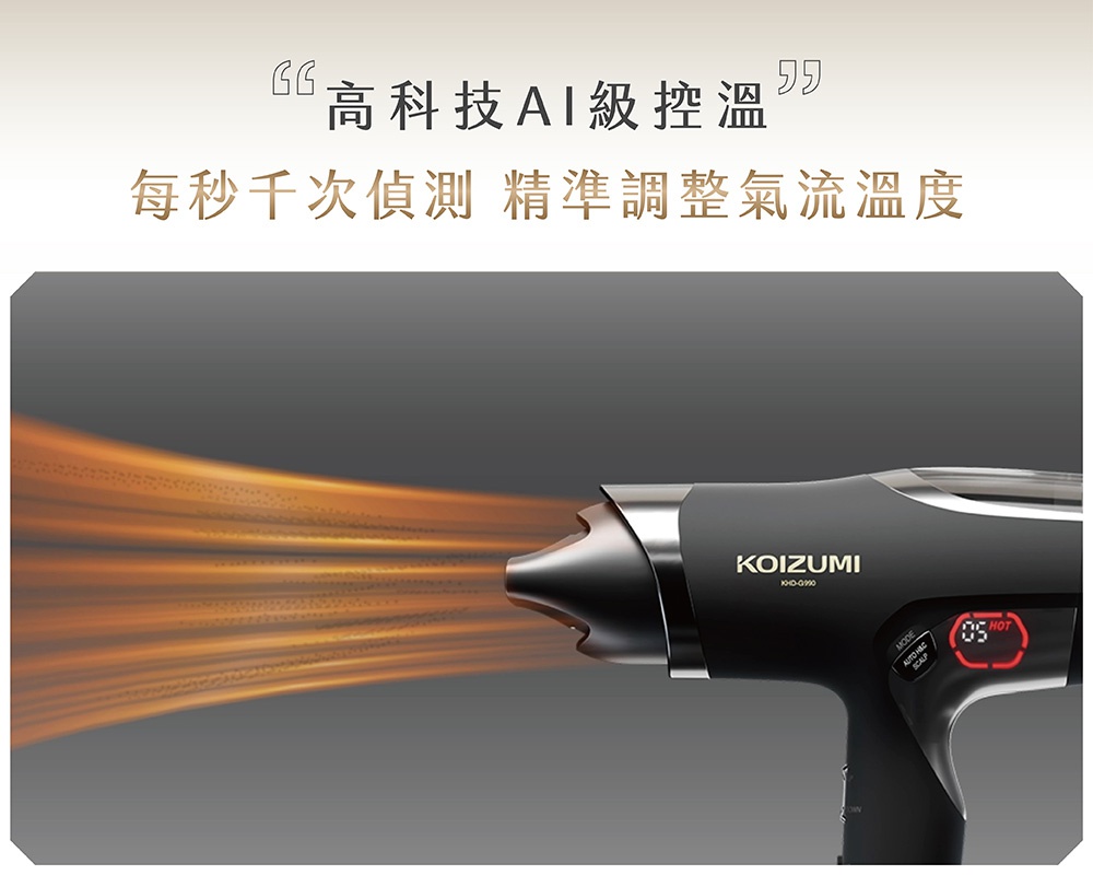 日本KOIZUMI小monster雙渦輪暴風級2.0 BLDC護髮吹風機，搭載高科技AI級控溫技術，每秒千次偵測，精準調整氣流溫度，顯示HOT模式。