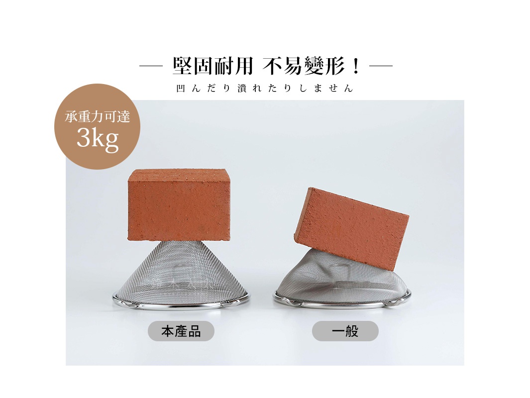 兩個不鏽鋼錐型濾網，各承載著一塊紅磚。其中一個濾網標示「本產品」，另一個標示「一般」，顯示出產品的堅固耐用性。