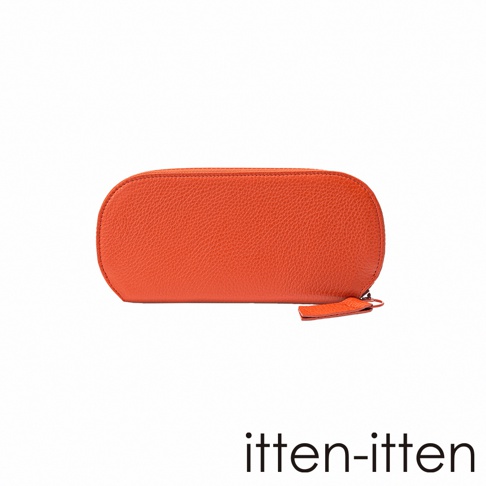 itten-itten 橘色皮革圓角長夾，帶有可拆卸拉鍊小吊飾