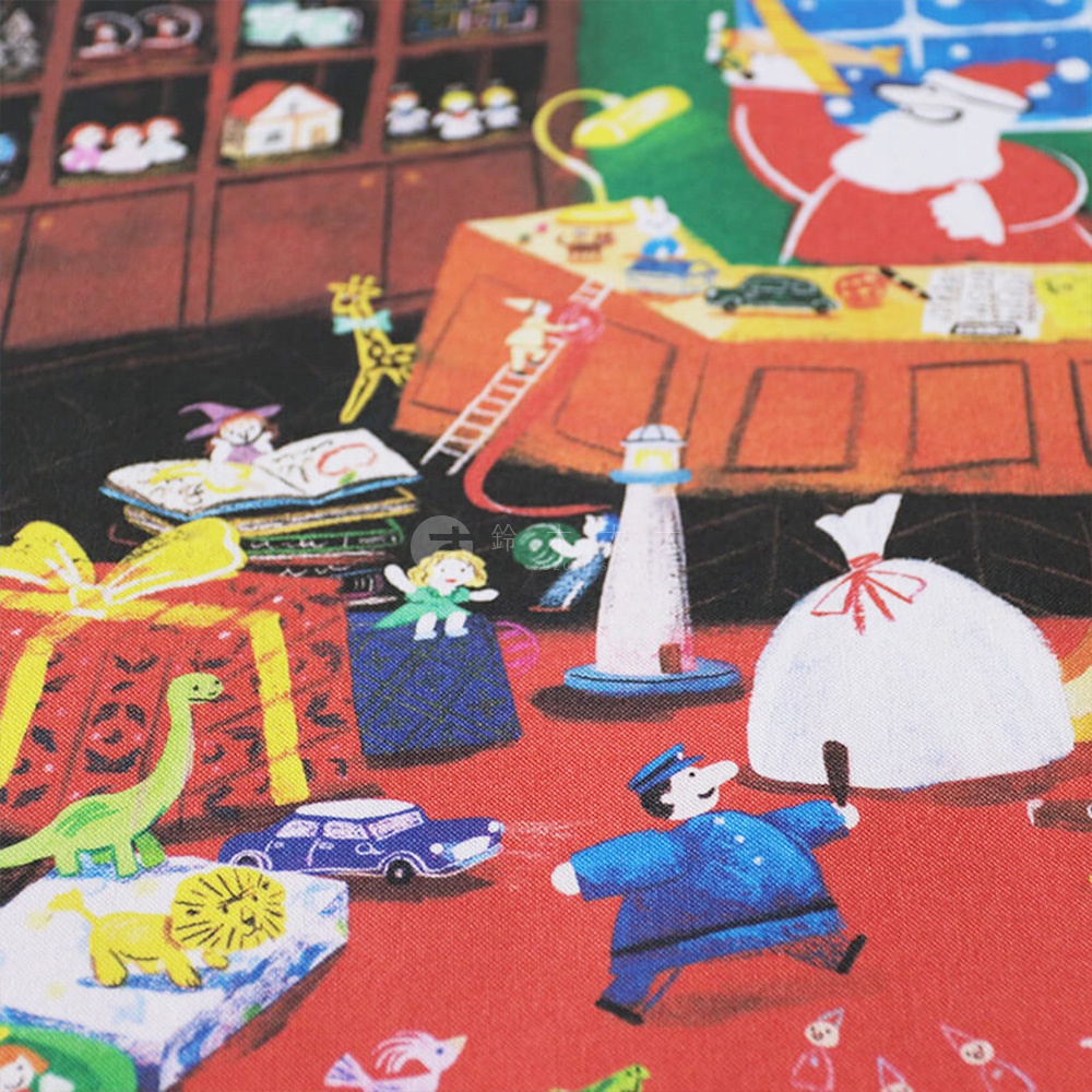 無框帆布藝術海報，以鮮豔的紅色為背景，描繪聖誕老人玩具工作室的場景。畫面中有聖誕老人、小精靈、玩具（如汽車、長頸鹿、恐龍、獅子）、禮物、燈塔及一袋白色禮物。