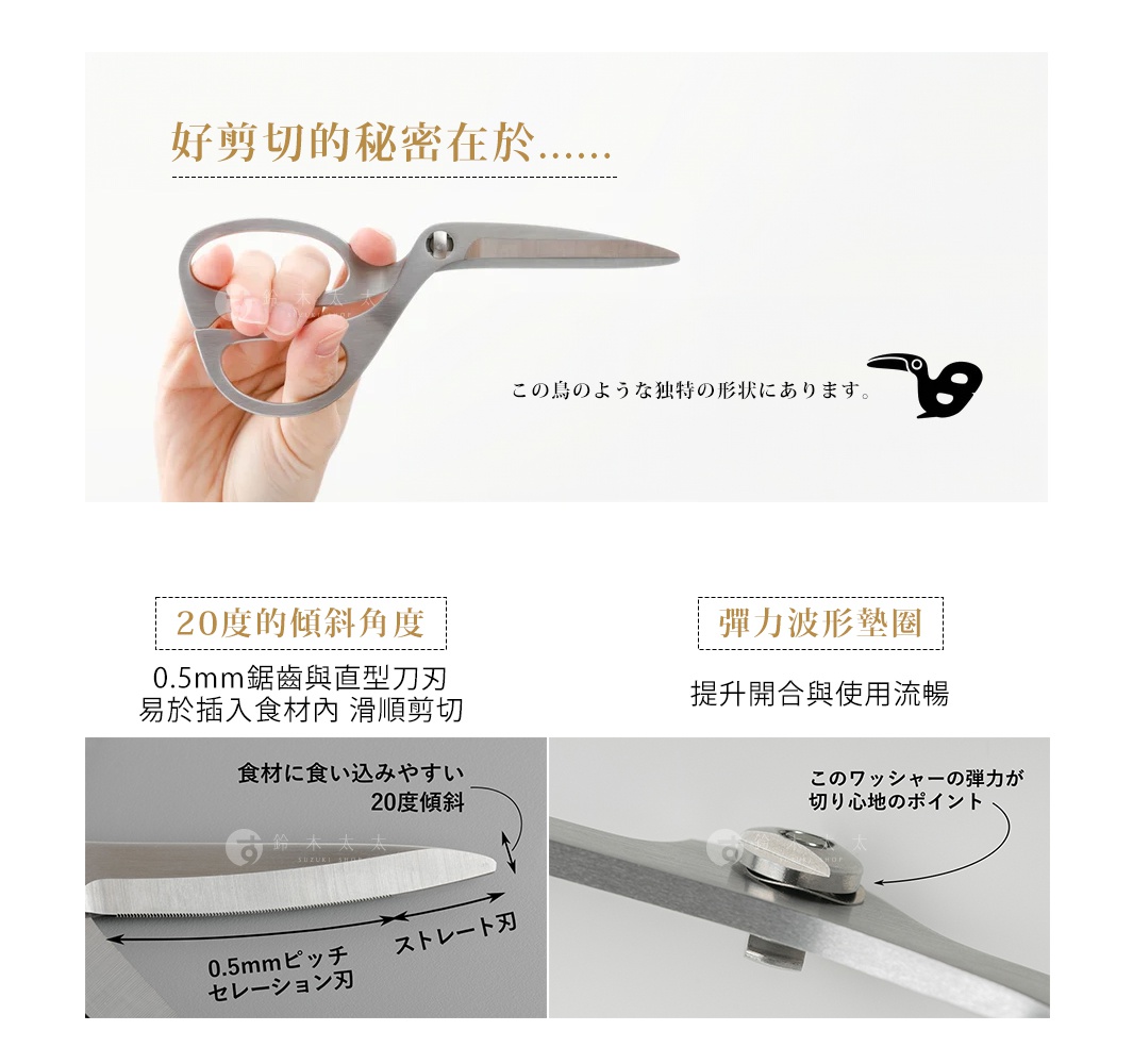 銀色不鏽鋼材質的可拆卸萬用料理剪刀，右手握持，刀刃細長，剪刀柄為環形設計，顯示於白色背景中，右側有黑色鳥形圖案。