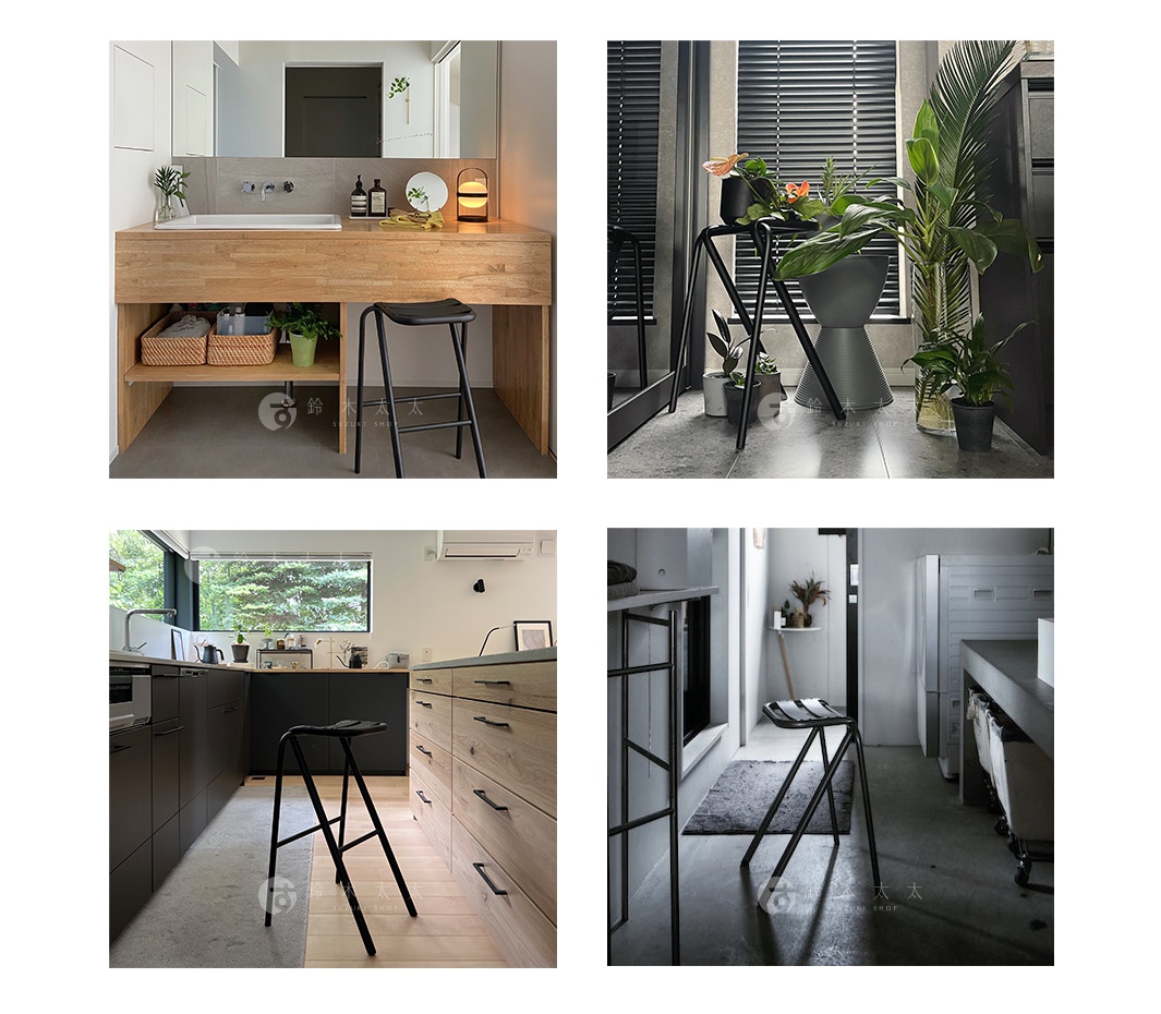 黑色金屬吧檯椅，椅面為弧形設計，椅腳為三腳架結構，搭配木質檯面或廚具。