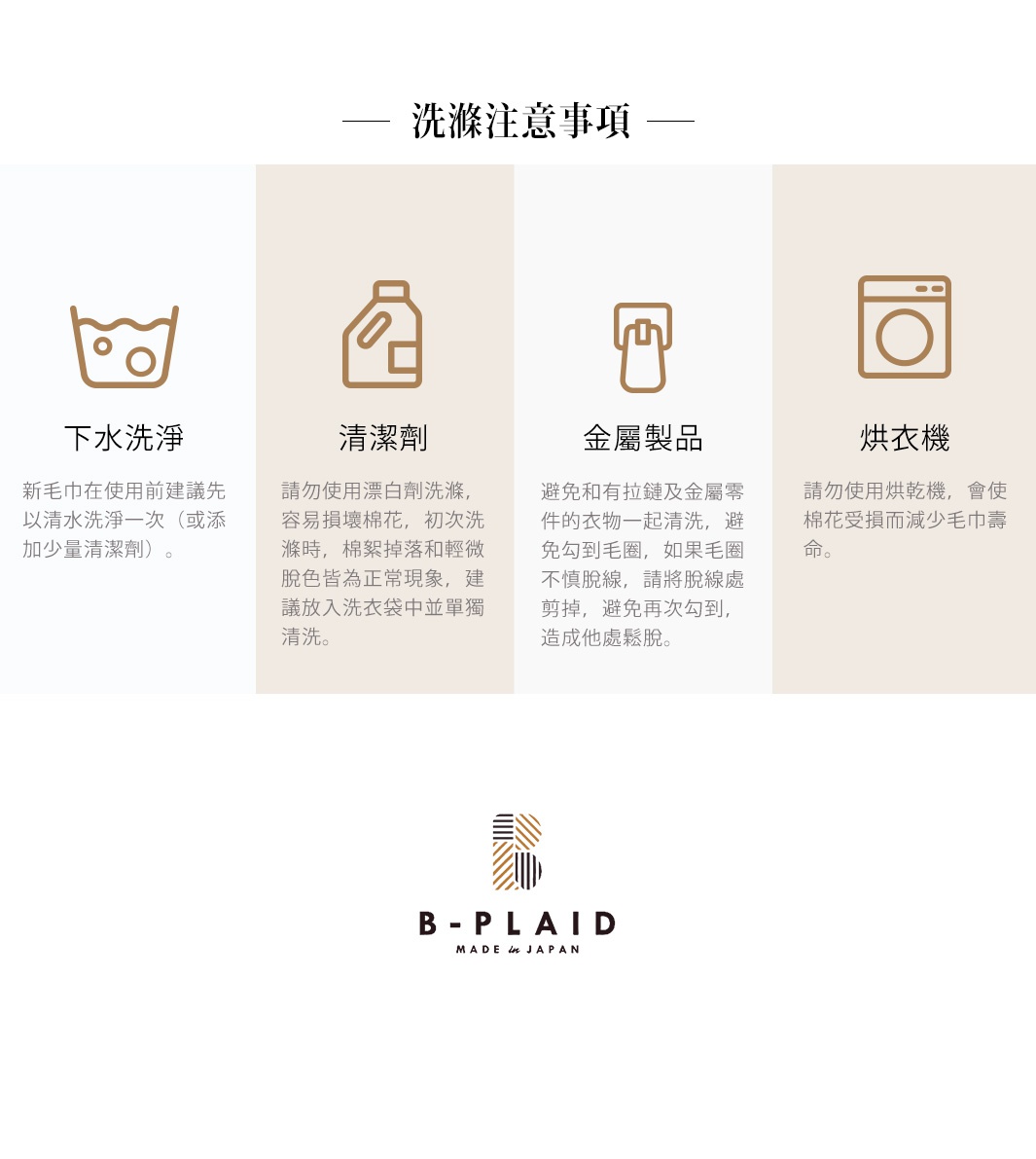 今治長毛柔暖速乾直紋浴巾，展示洗滌注意事項，包含下水洗滌、清潔劑、金屬產品、烘衣機四個區塊，並有品牌 Logo。