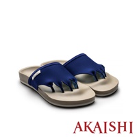 一雙深藍色五指訓練拖鞋，鞋面為布質，有五個分離的指套設計，鞋底為淺棕色，材質為合成橡膠。