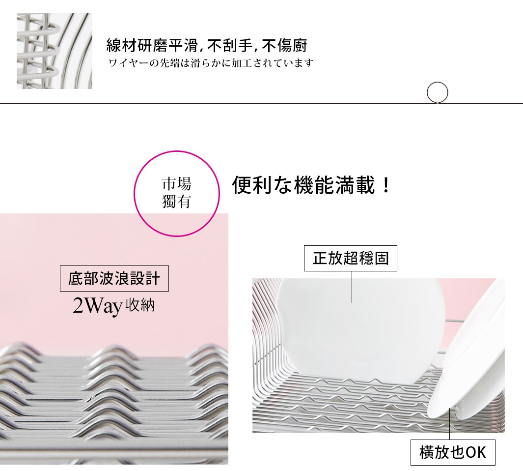 不鏽鋼製碗盤架，附有瀝水盤，採用橫放式設計，可穩固放置碗盤，底部有波浪設計，材質為銀色不鏽鋼。