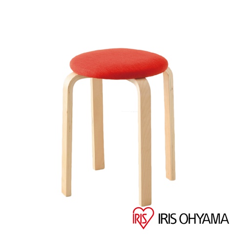 木質圓椅凳，配有紅色布面坐墊，四隻彎曲的淺色木質椅腳。