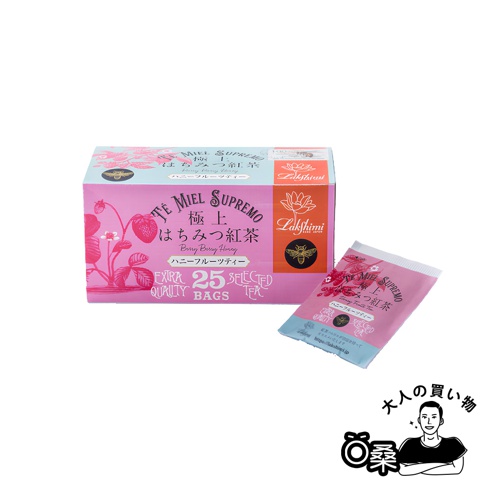 Lakshimi 蜂蜜風味水果紅茶，包裝上有草莓圖案，內含 25 包精選茶。