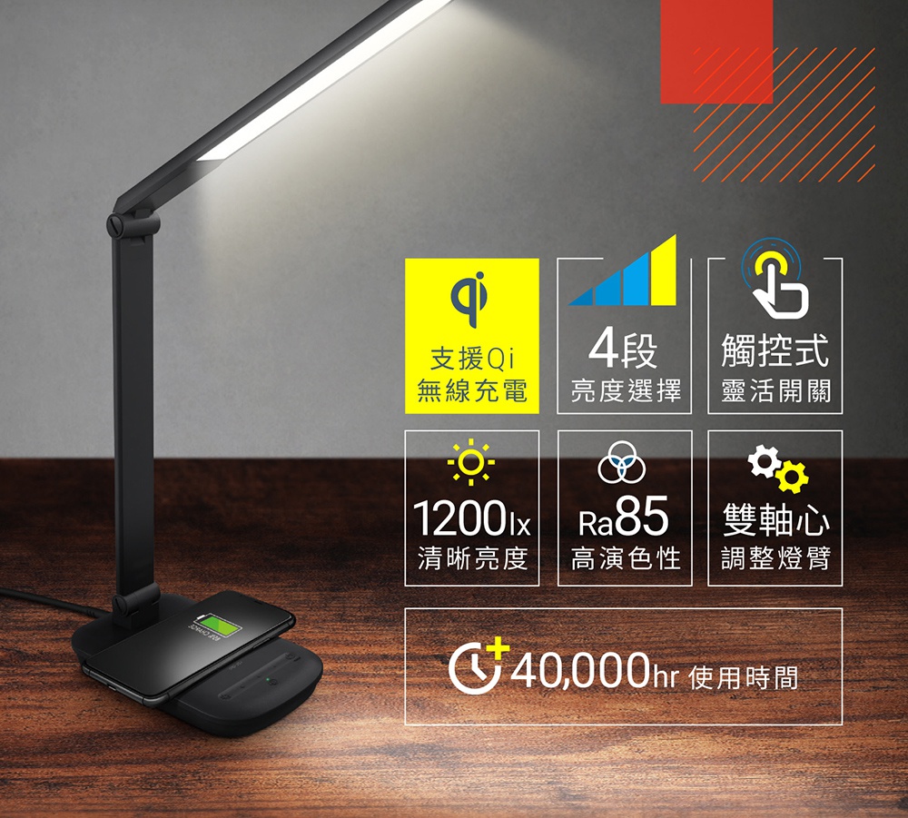 黑色金屬檯燈，燈臂向上延伸，頂部有LED燈條發出白光。檯燈底座為黑色圓形，上面放置了一支正在充電的黑色手機，顯示充電符號。左側有黃色方塊標示「支援Qi無線充電」，右側有四格圖示分別標示「4段亮度選擇」、「觸控式靈活開關」、「1200lx清晰亮度」、「Ra85高演色性」、「雙軸心調整燈臂」，以及下方長條框標示「40,000hr使用時間」。