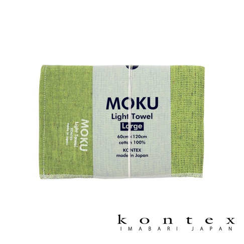 MOKU超速乾輕薄吸水浴巾，綠色，棉質，標示尺寸60cm x 120cm，日本製造。