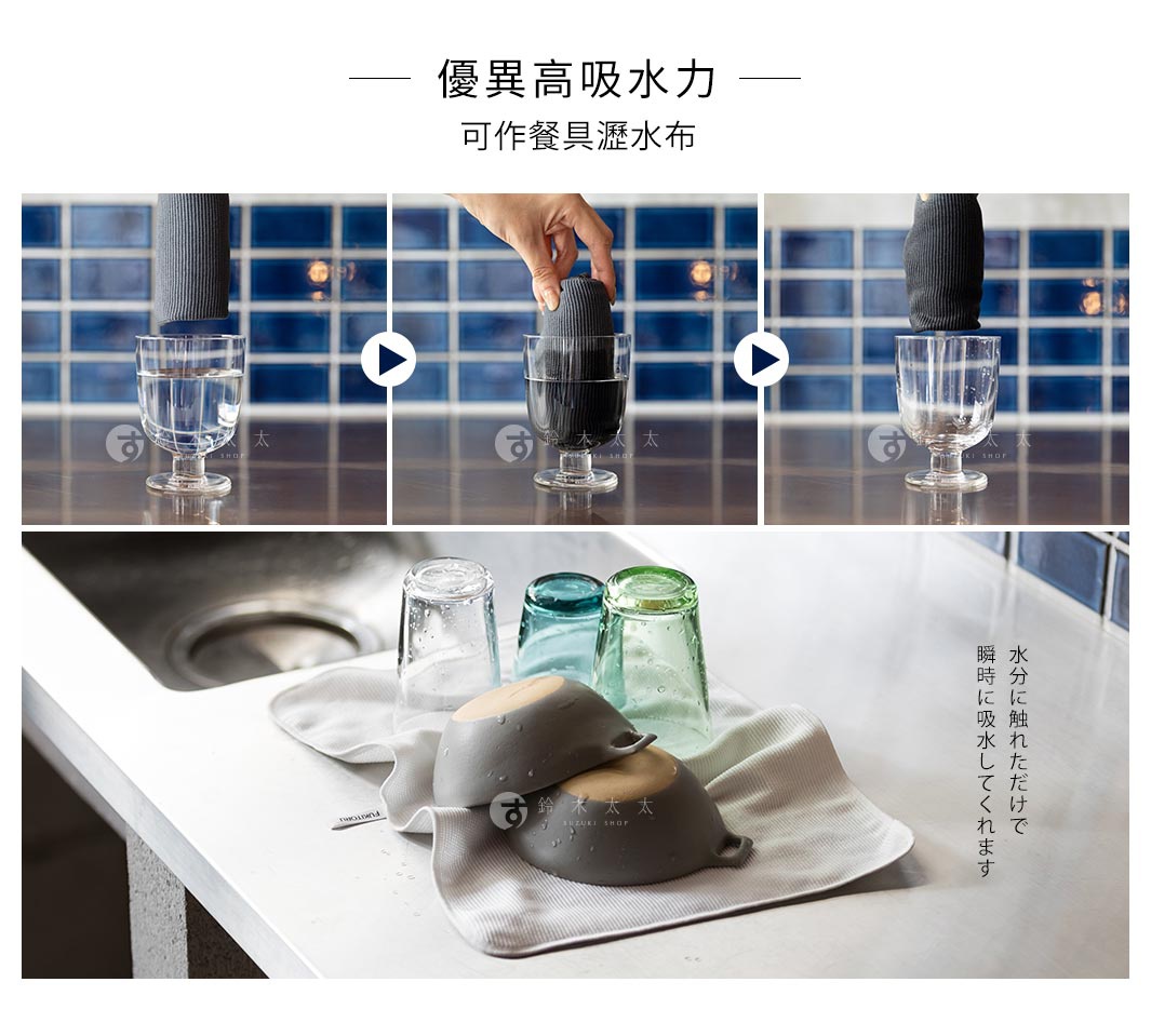 FUKITORU 超極細纖維擦拭布，灰色，一套兩件，用於擦拭餐具和碗盤，展示其高吸水性。