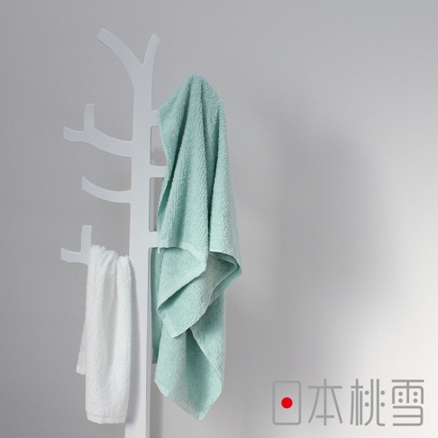 一條薄荷綠色的今治細絨浴巾和一條白色的毛巾，懸掛在白色的衣架上。
