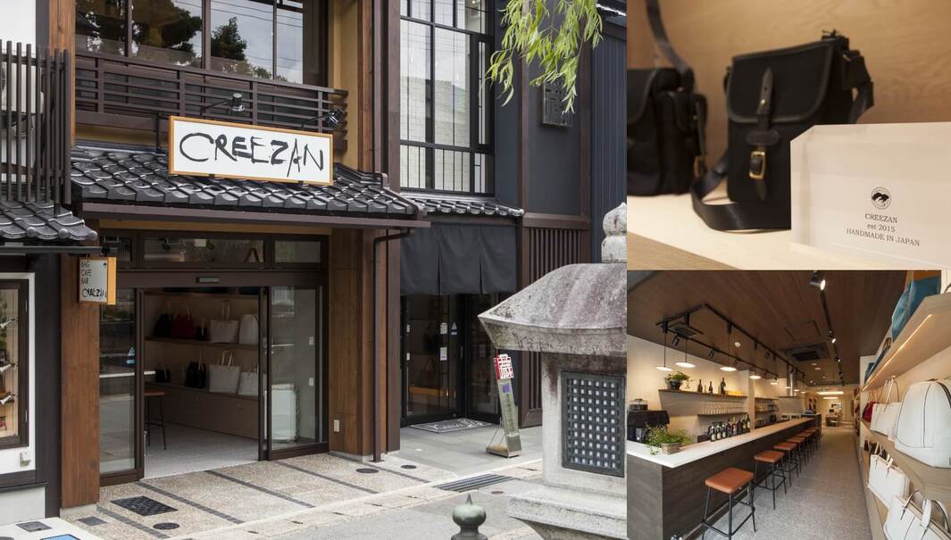 這是一組拼接圖，展示了 CREEZAN 品牌位於日本的店面外觀與內部空間，店門口懸掛著帶有品牌名稱的招牌，並結合了包袋販售與咖啡吧台的複合式設計，右上角則展示了一款深色帆布皮革包以及印有品牌與手工製造資訊的展示牌。