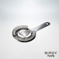 銀色不鏽鋼短柄濾酒隔冰匙，帶有圓形彈簧和帶孔的濾網。