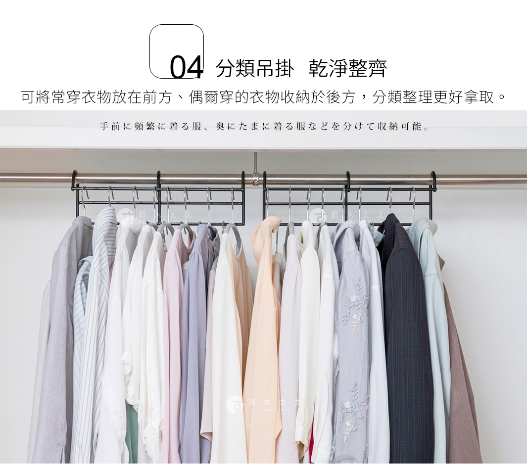 圖片文字：04 分類吊掛 乾淨整齊 可將常穿衣物放在前方、偶爾穿的衣物收納於後方，分類整理更好拿取。手前に頻繁に着る服、奥にたまに着る服などを分けて収納可能。顯示兩組黑色金屬吊掛架懸掛在衣櫥桿上，將衣物整齊且具層次地分類懸掛，呈現居家收納與空間整理的應用方式。
