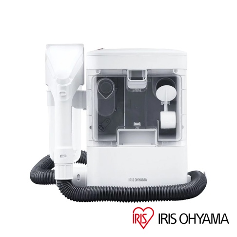 白色織物清潔機 RNS-300，配有透明水箱和吸塵管，主機上印有「IRIS OHYAMA」品牌標誌。