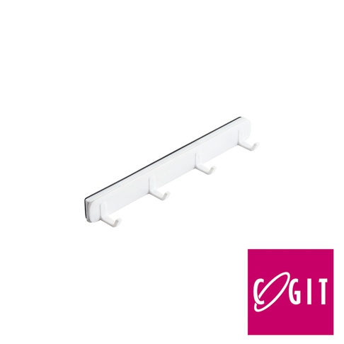 白色長條形磁吸掛鉤，設有四個可伸縮的掛鉤，掛鉤呈彎曲狀，材質為塑膠，背面有黑色磁吸條，適合吸附在金屬表面。